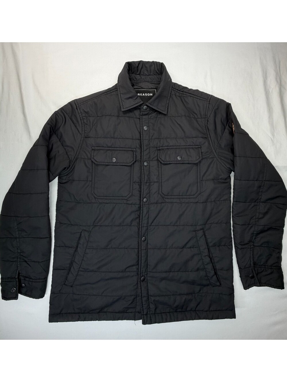 Reason Men's Jacket Front Pocket Button Collared Solid Polyester Size M Black